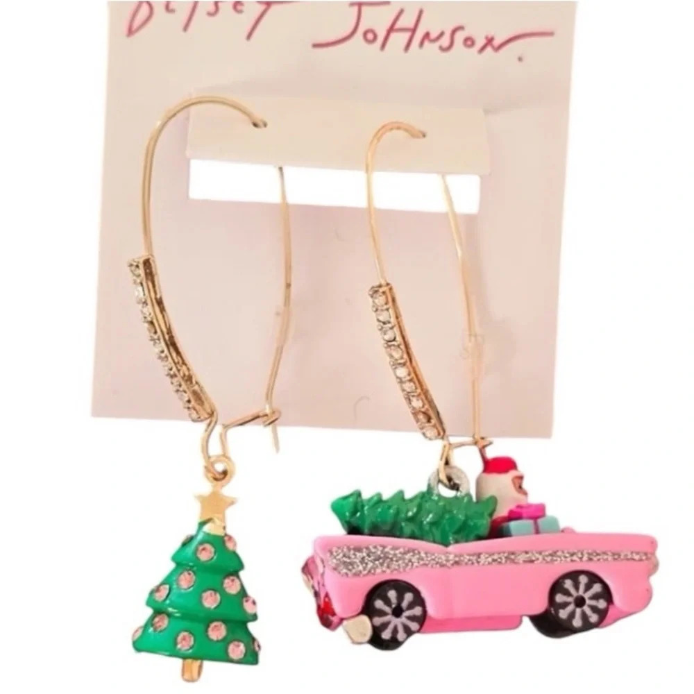 BETSEY JOHNSON Christmas Holiday Mismatch Santa Driving Car & Tree Earrings NWT